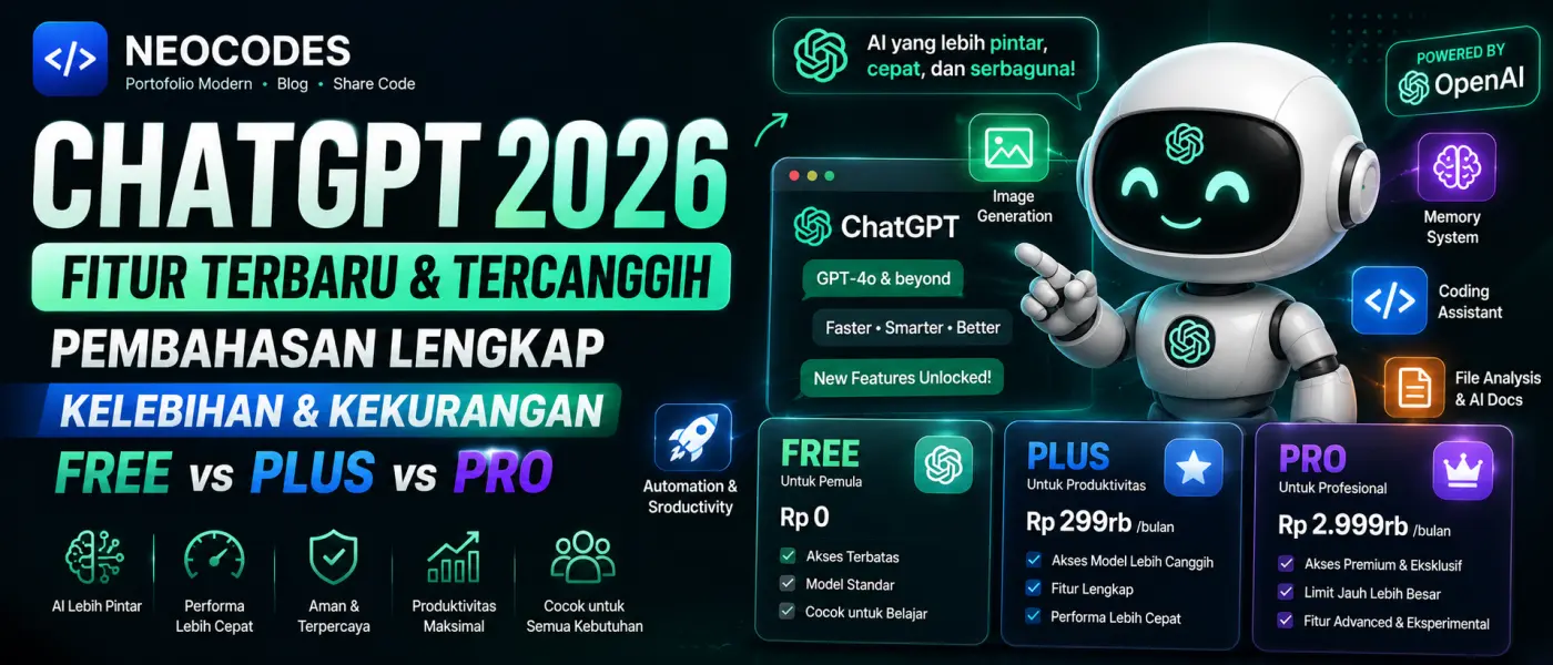 Fitur Terbaru ChatGPT 2026: Perbedaan ChatGPT Free, Plus, dan Pro Lengkap dengan Kelebihan & Kekurangannya
